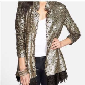 Free People Stardust sequin blazer jacket duster size L large lace trim